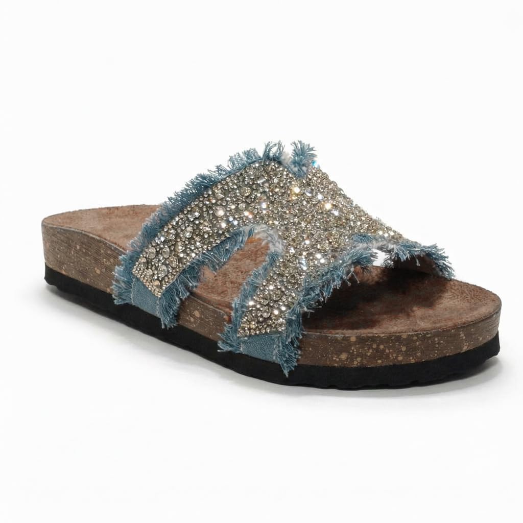 Women’s summer slippers decorated with crystals – comfortable orthopedic sole with soft suede material, elegant ladies’ style for outings and daily errands.  - B1