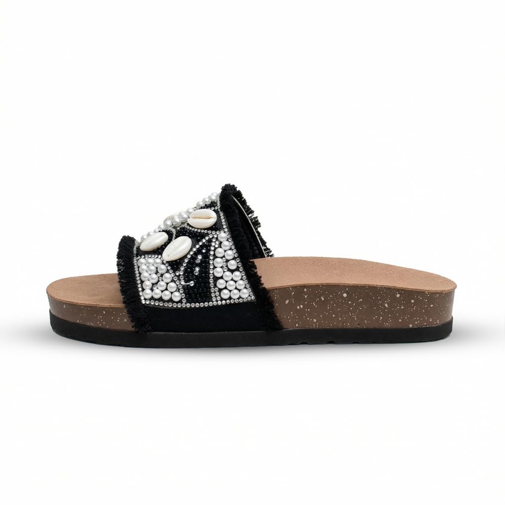 Women’s slippers decorated with pearls and natural shells – summer style with a comfortable suede sole – elegant design for outings and casual wear.  - B2