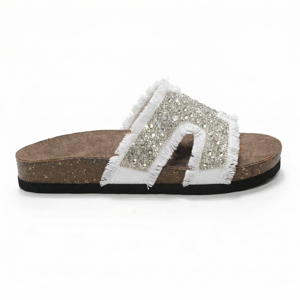 Women’s summer slippers decorated with crystals – comfortable orthopedic sole with soft suede material, elegant ladies’ style for outings and daily errands.  - B1