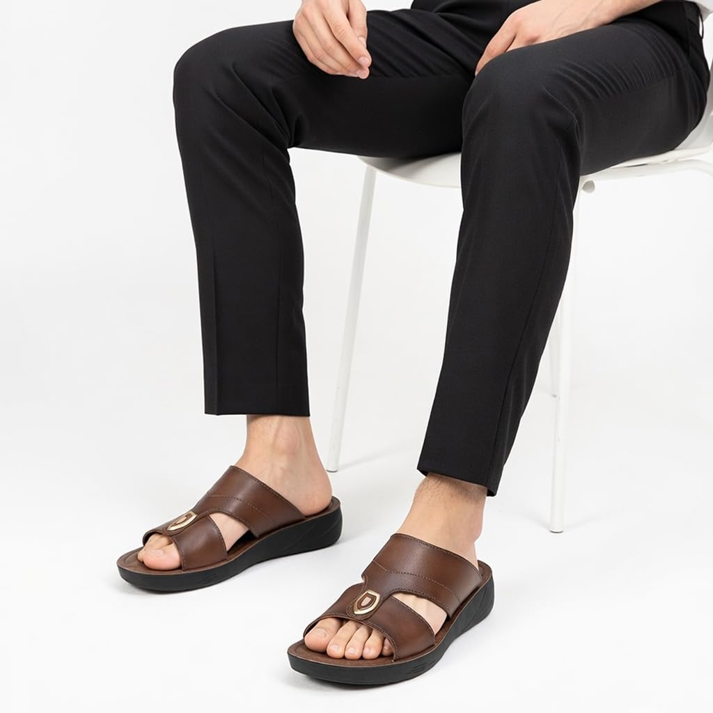 Gulf-Style Men’s Leather Slippers – Modern Design with Comfortable Anti-Slip Sole – Perfect for Daily and Summer Wear  HAVAN  -Size46 - 708