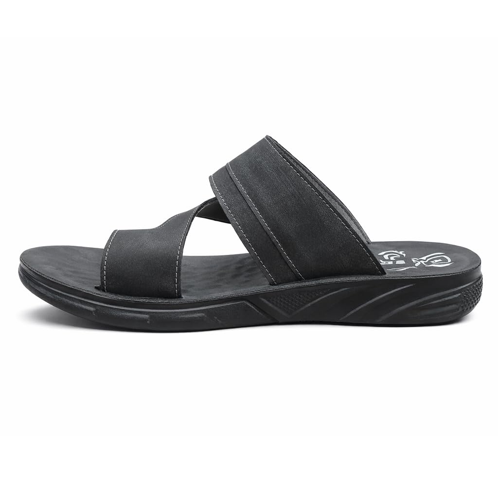 Men’s black leather slippers – modern, comfortable design with high-quality material and a cushioned orthopedic sole – perfect for daily use and errands.   - 2005