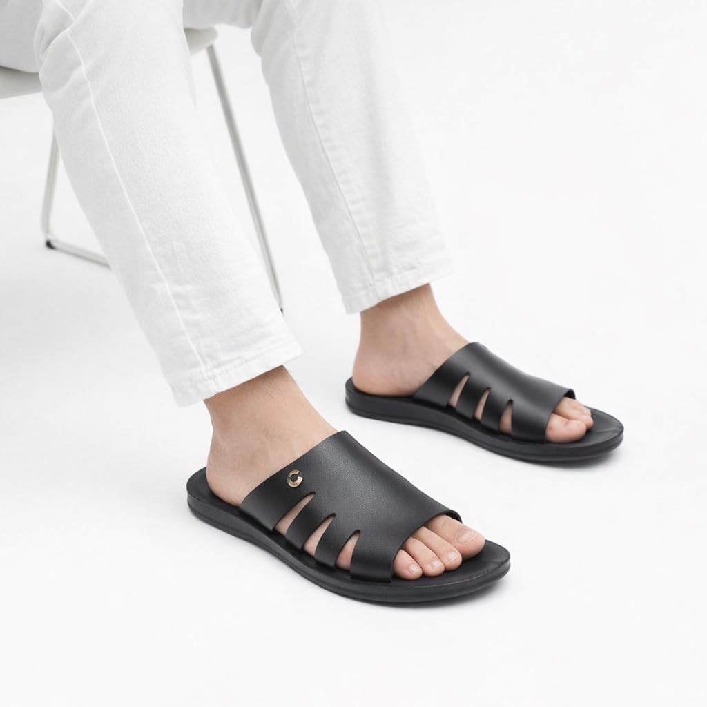 Men’s black leather slippers – modern multi-strap design with a comfortable, slip-resistant sole – ideal for daily and summer use.   - 624