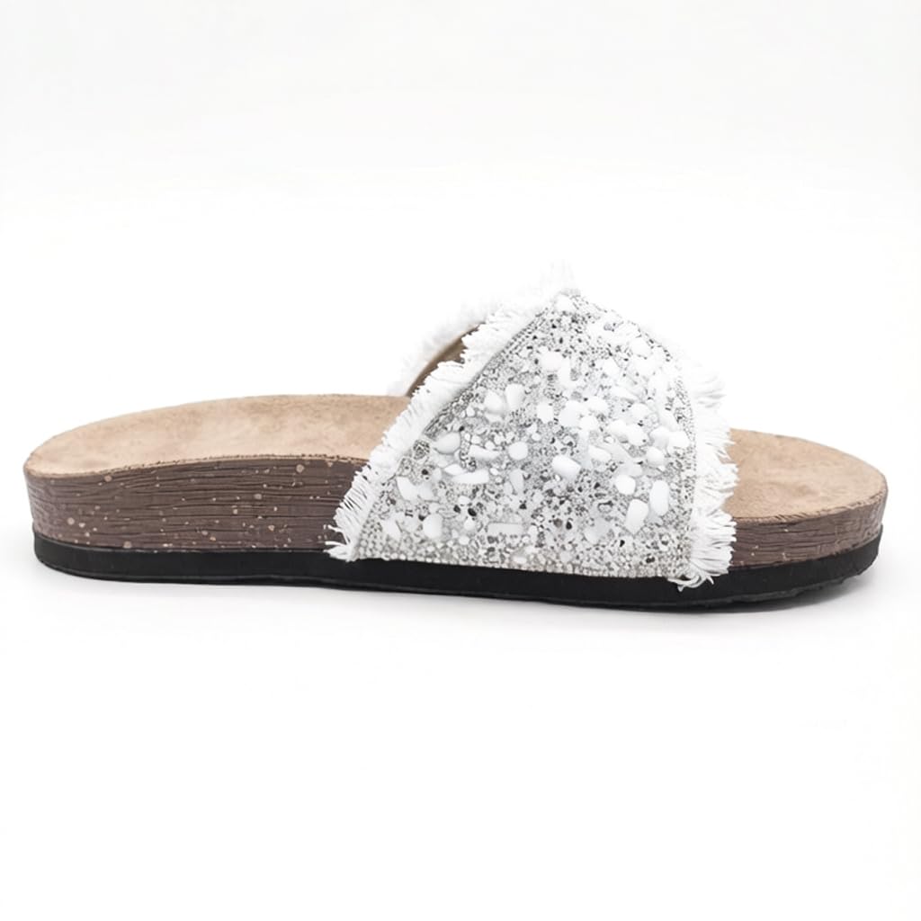 Women’s slippers decorated with golden crystals and a metal buckle – luxurious summer style with a comfortable suede sole – elegant design for daily outings.  - B3