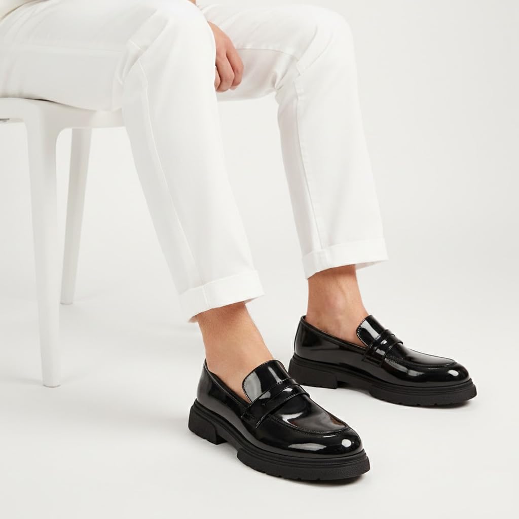 Men’s Formal Loafer Shoes in Shiny Leather – Classic Slip-On Dress Shoes for Work and Occasions – Anti-Slip Sole –