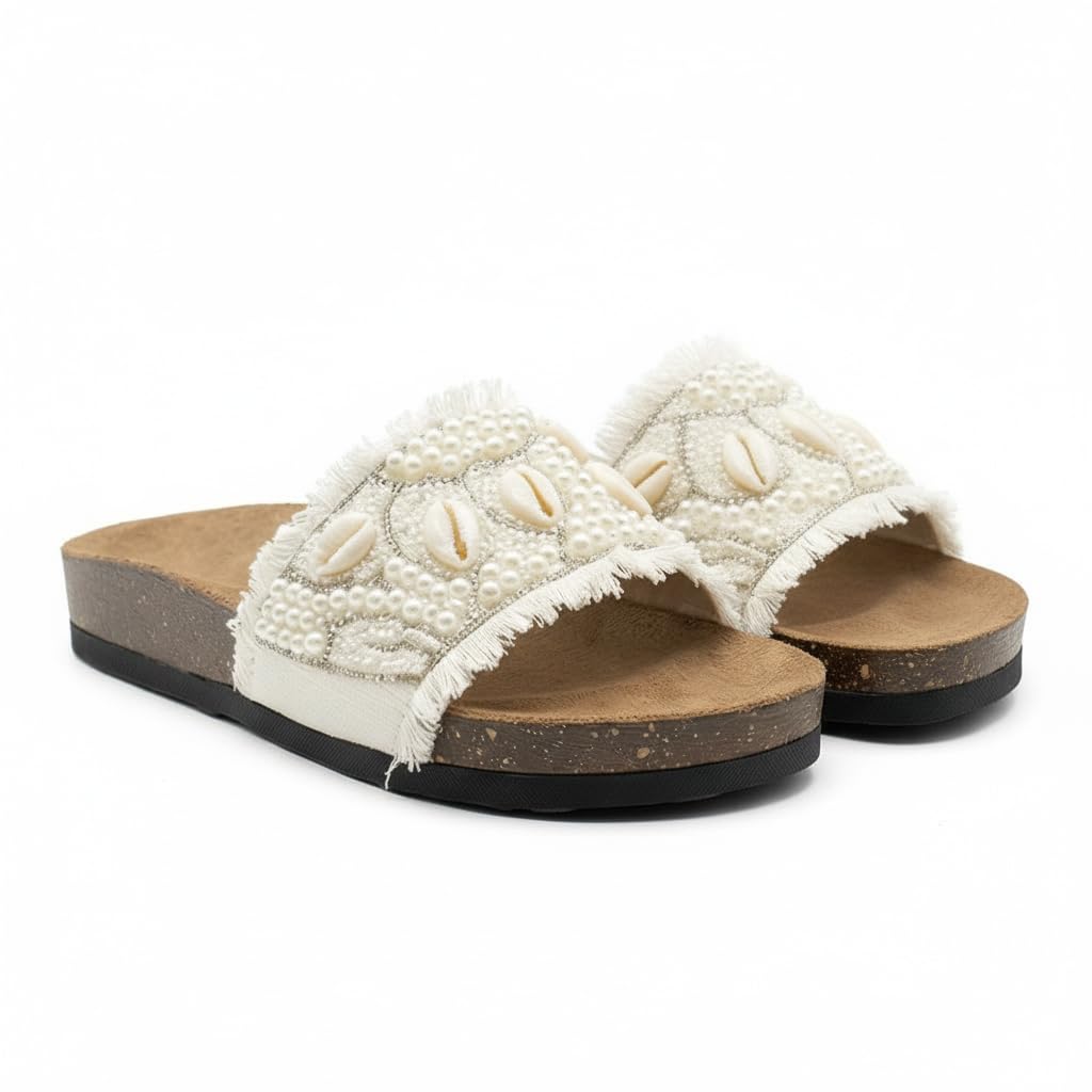 Women’s slippers decorated with pearls and natural shells – summer style with a comfortable suede sole – elegant design for outings and casual wear.  - B2