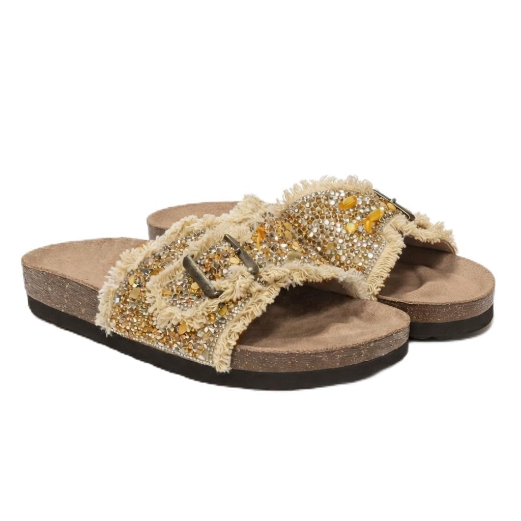 Women’s slippers decorated with golden crystals and a metal buckle – luxurious summer style with a comfortable suede sole – elegant design for daily outings.  - B3