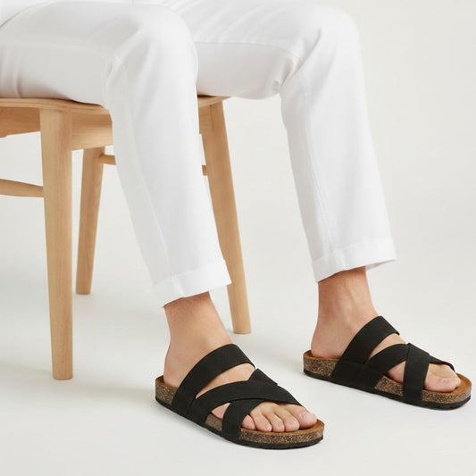 Men genuine leather slipper fashion casual look - Anti-slip  BLACK  - Size 41 Code 3010