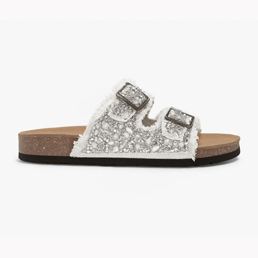 Women’s slippers featuring double metal buckles, decorated with crystals and beads – comfortable suede sole with anti-slip design for an elegant summer look- B4