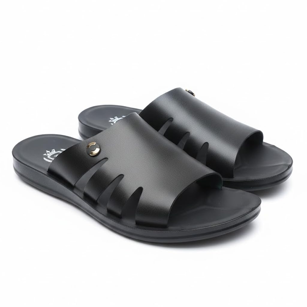 Men’s black leather slippers – modern multi-strap design with a comfortable, slip-resistant sole – ideal for daily and summer use.   - 624