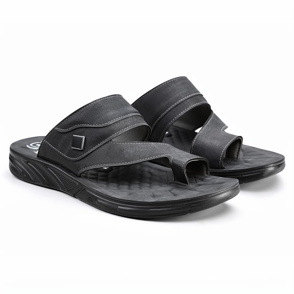 Men’s black leather slippers – modern, comfortable design with high-quality material and a cushioned orthopedic sole – perfect for daily use and errands.   - 2005