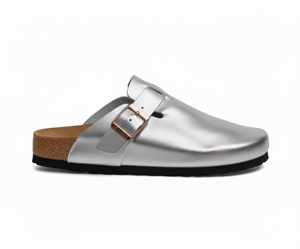 Comfortable slippers with a modern design and metal buckle - made from high-quality leather