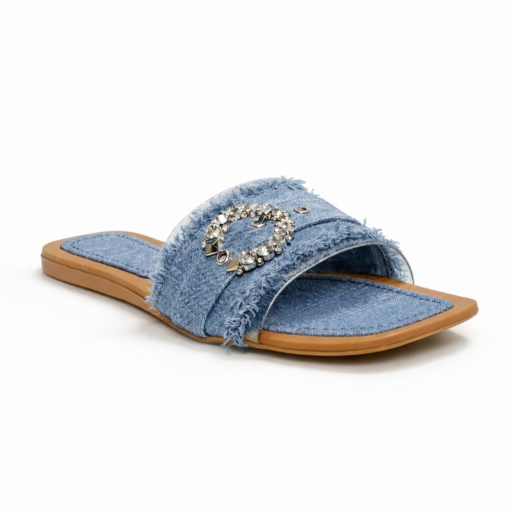 Elegant women’s slippers with a transparent strap and crystal details – summer square-toe design with a comfortable flat sole – modern style. - H25