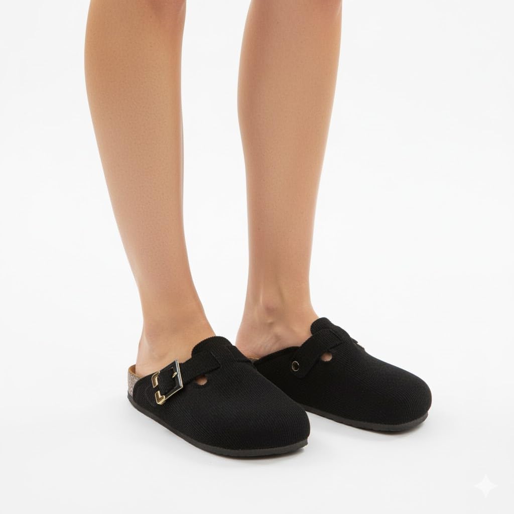 Stylish and comfortable women's clogs with a buckle closure and a non-slip sole.