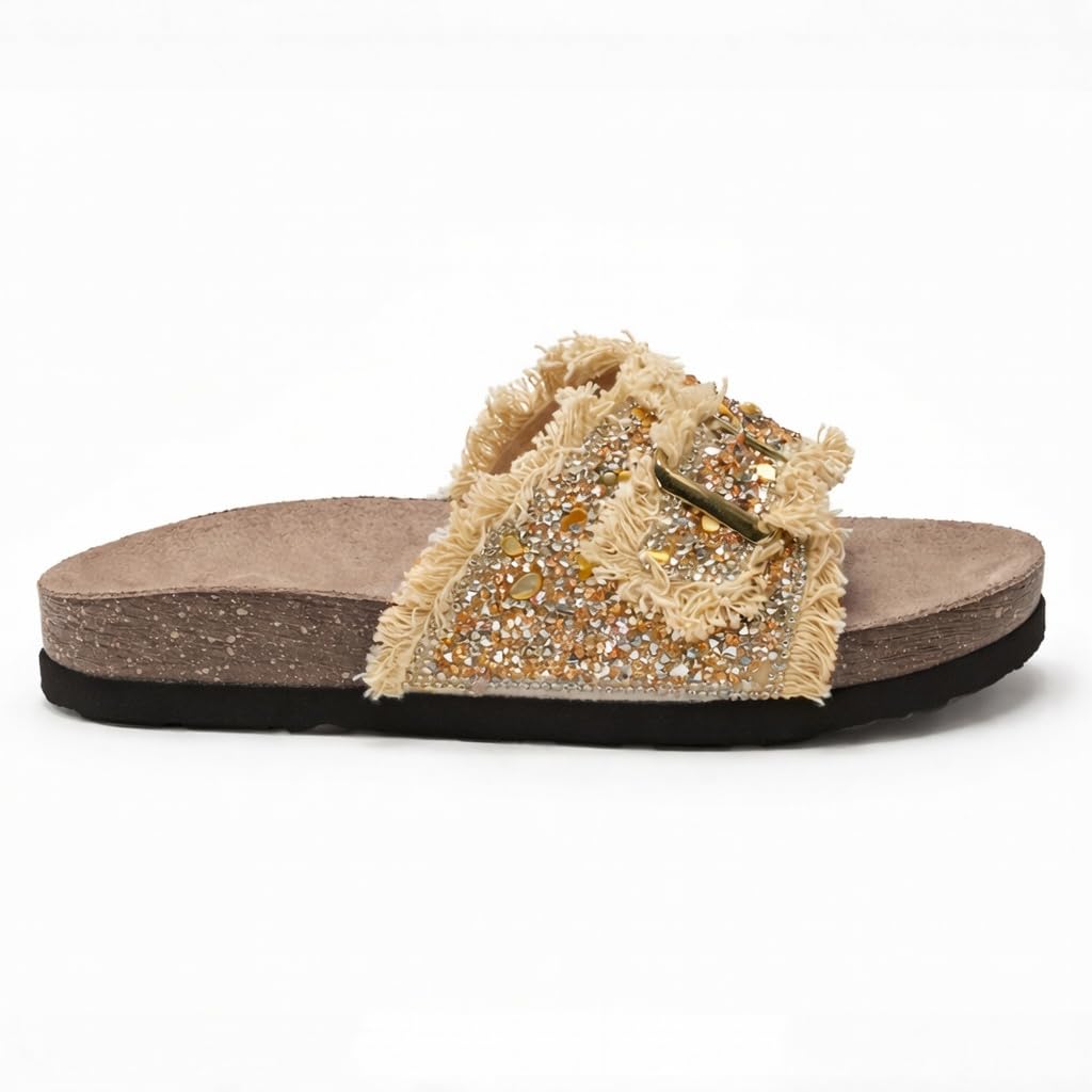 Women’s slippers decorated with golden crystals and a metal buckle – luxurious summer style with a comfortable suede sole – elegant design for daily outings.  - B3