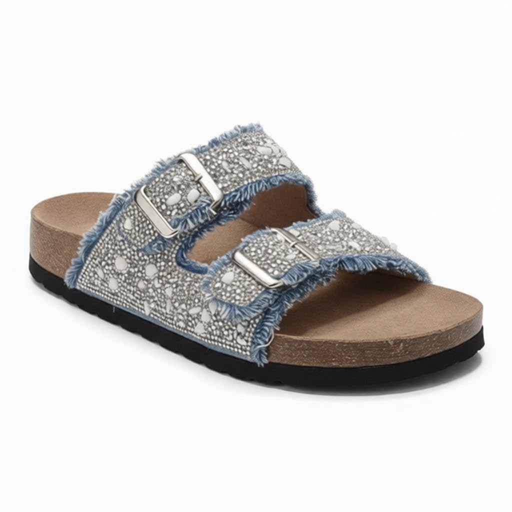 Women’s slippers featuring double metal buckles, decorated with crystals and beads – comfortable suede sole with anti-slip design for an elegant summer look- B4