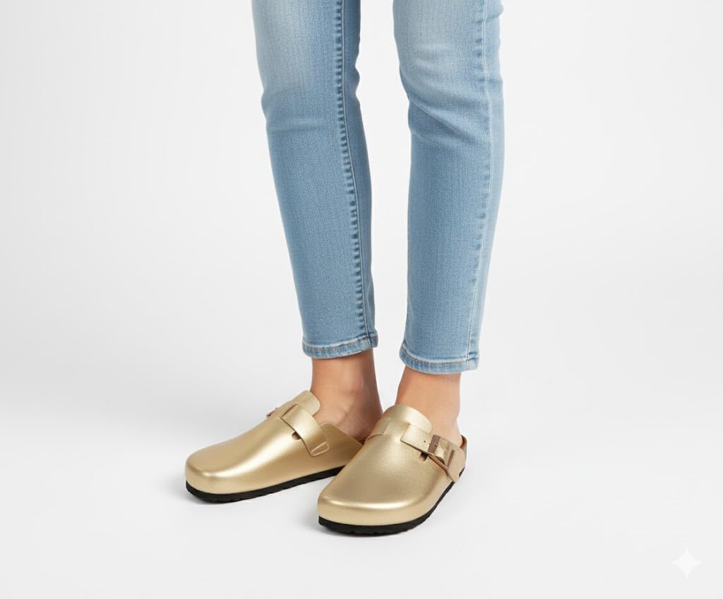 Comfortable slippers with a modern design and metal buckle - made from high-quality leather
