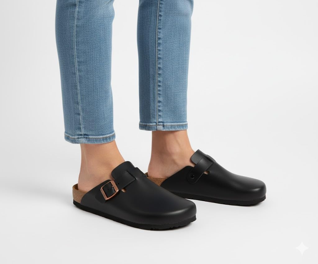 Comfortable slippers with a modern design and metal buckle - made from high-quality leather