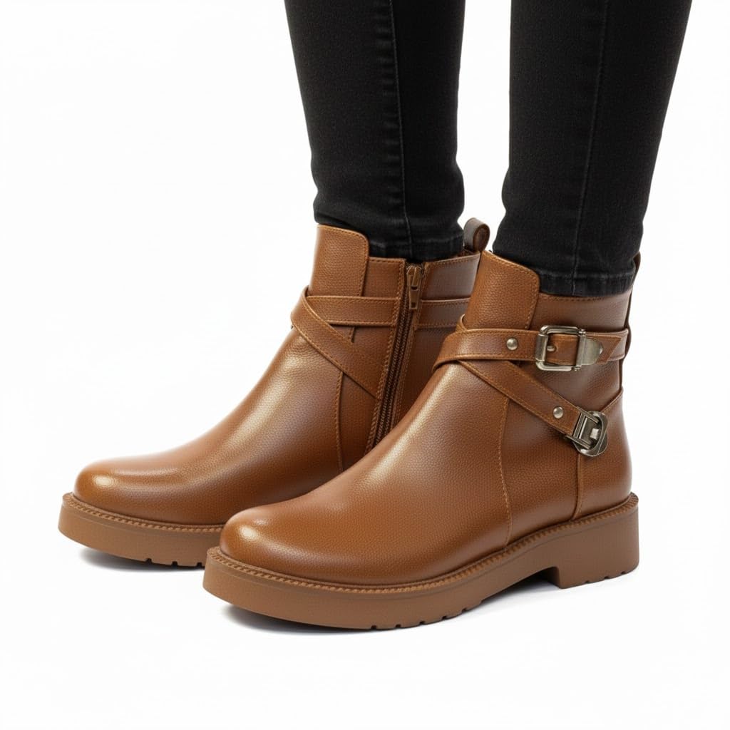 Stylish women's boots with a comfortable heel and elegant design, featuring metal straps.