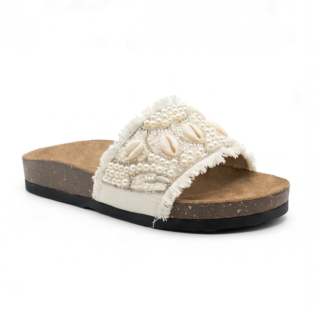 Women’s slippers decorated with pearls and natural shells – summer style with a comfortable suede sole – elegant design for outings and casual wear.  - B2