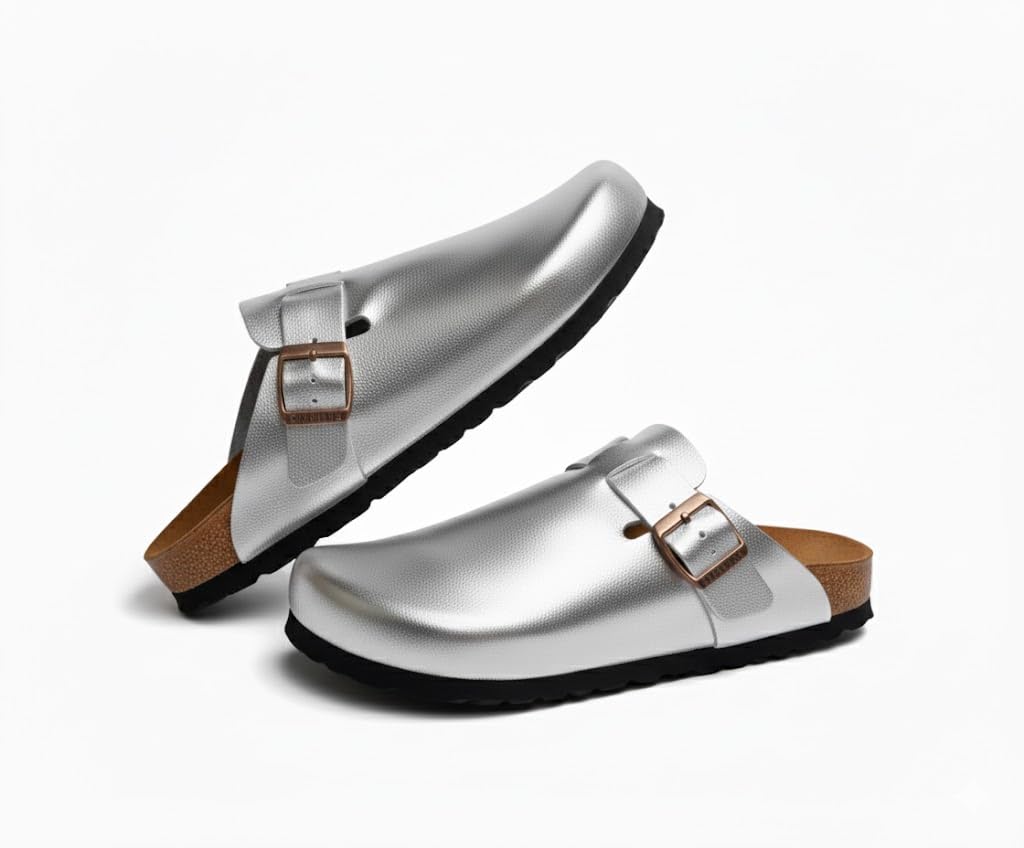 Comfortable slippers with a modern design and metal buckle - made from high-quality leather