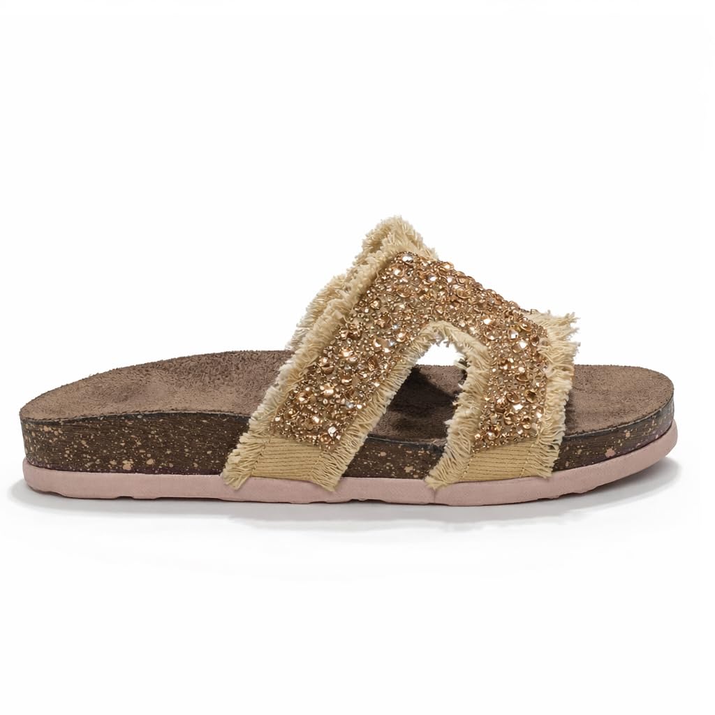 Women’s summer slippers decorated with crystals – comfortable orthopedic sole with soft suede material, elegant ladies’ style for outings and daily errands.  - B1