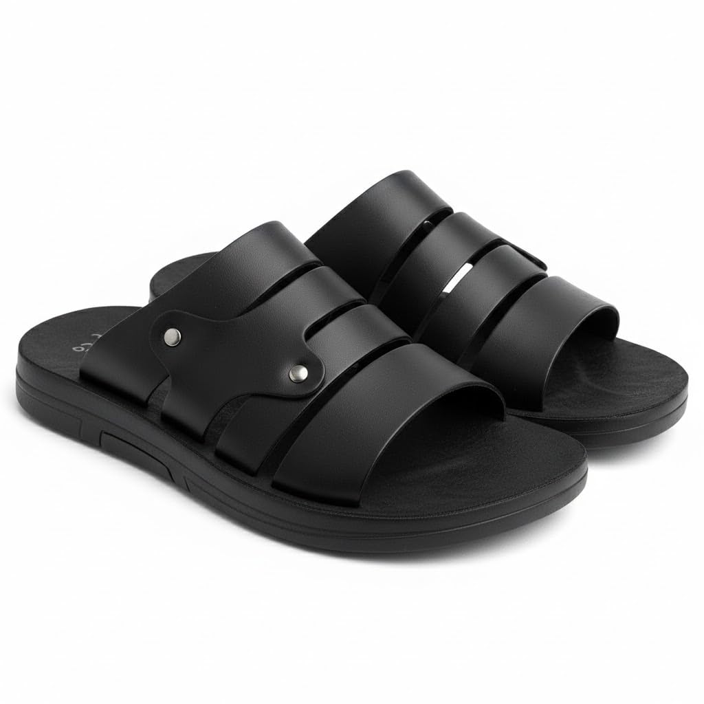 Men’s black leather slippers – modern multi-strap design with a comfortable, slip-resistant sole – ideal for daily and summer use.   - 608