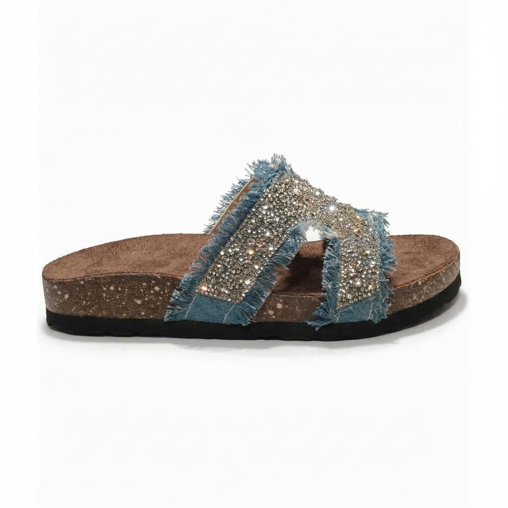 Women’s summer slippers decorated with crystals – comfortable orthopedic sole with soft suede material, elegant ladies’ style for outings and daily errands.  - B1