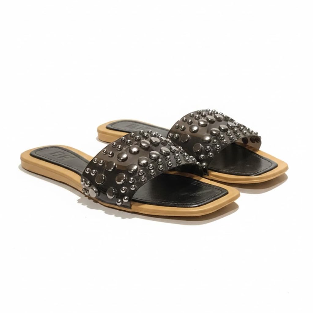 Women’s slide-style slippers decorated with metal studs – modern, comfortable design for errands and outings.  - H31