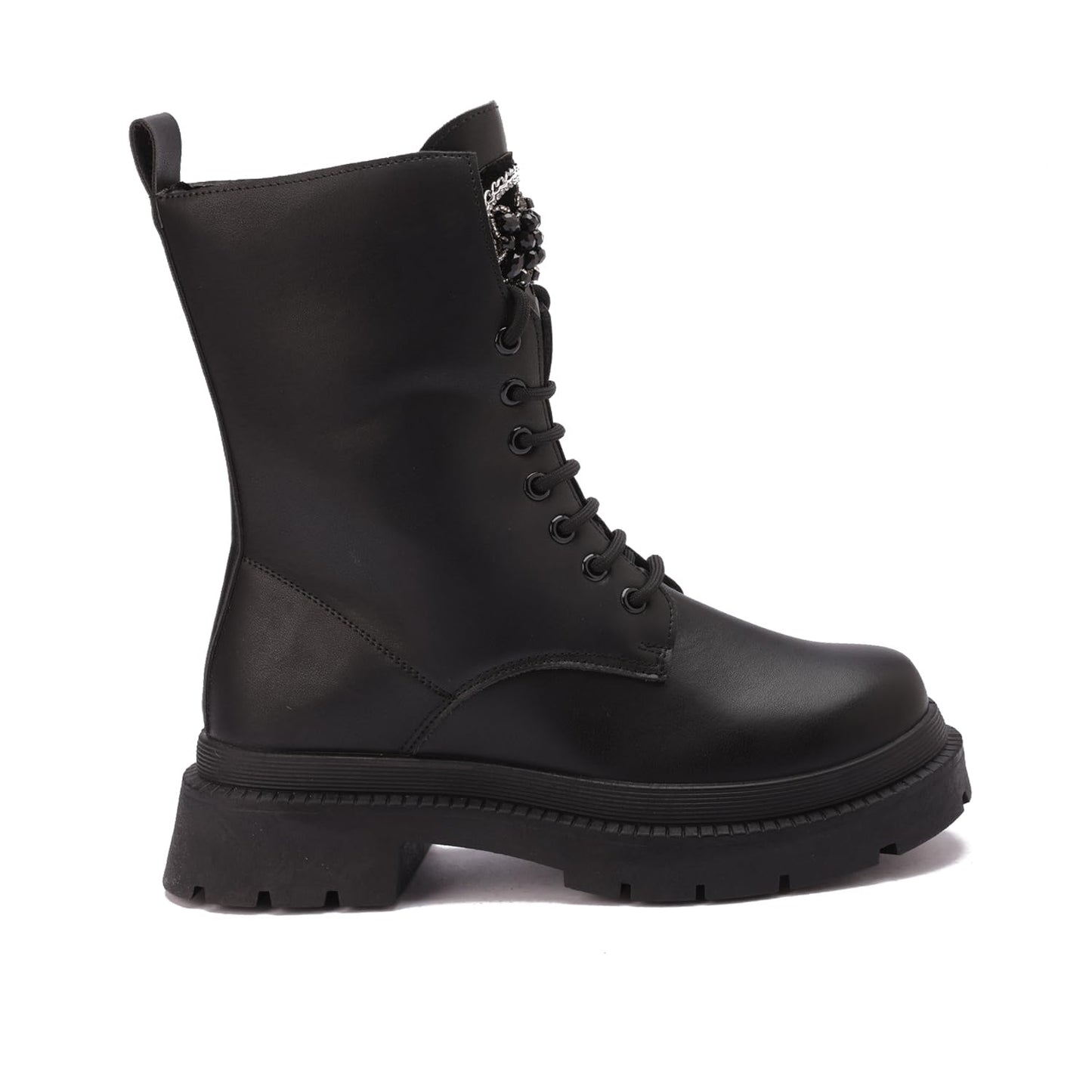 Imported leather boots adorned with embroidery and accessories - equipped with a comfortable sole - black color