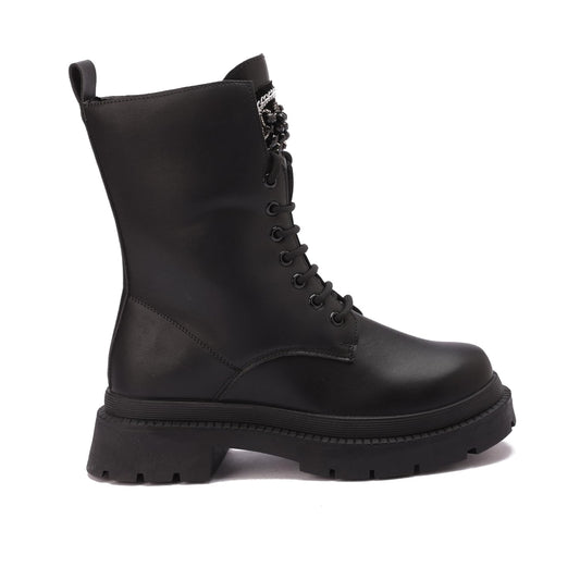 Imported leather boots adorned with embroidery and accessories - equipped with a comfortable sole - black color