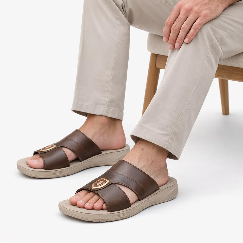Gulf-Style Men’s Leather Slippers – Modern Design with Comfortable Anti-Slip Sole – Perfect for Daily and Summer Wear  - 708
