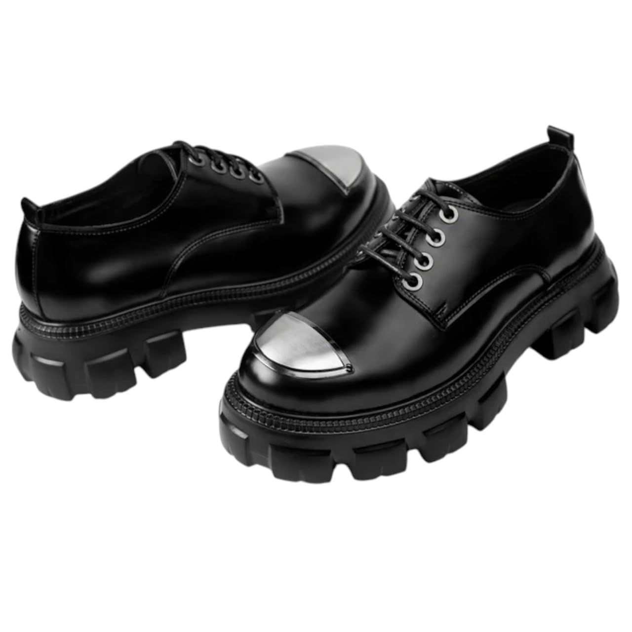 Men's black shoes with a thick EVA sole and metal toe cap - glossy black