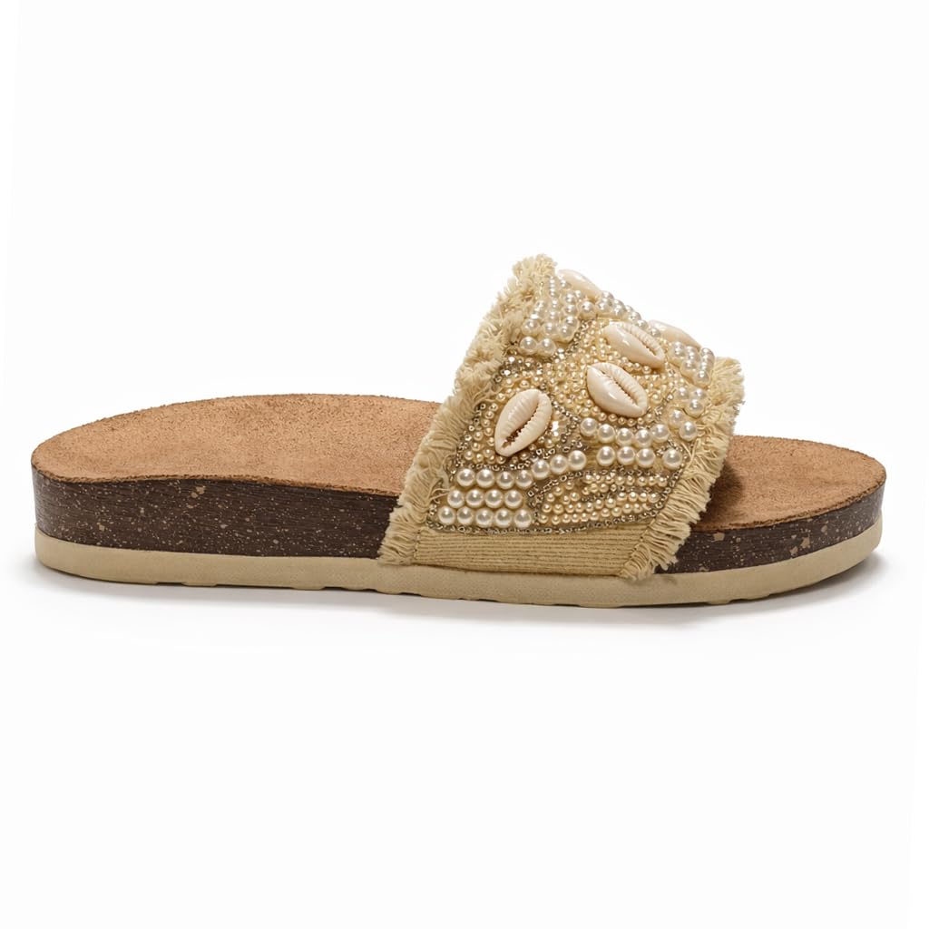 Women’s slippers decorated with pearls and natural shells – summer style with a comfortable suede sole – elegant design for outings and casual wear.  - B2