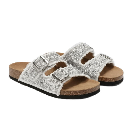 Women’s slippers featuring double metal buckles, decorated with crystals and beads – comfortable suede sole with anti-slip design for an elegant summer look- B4