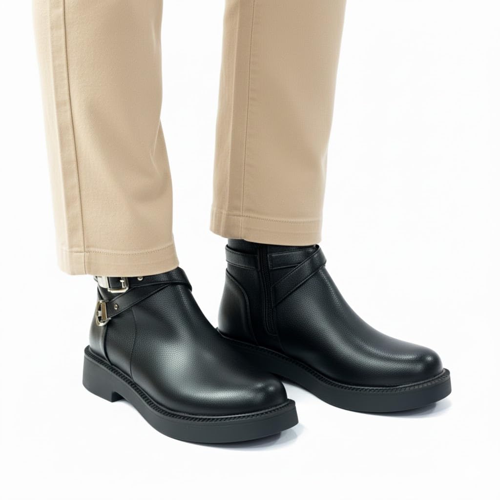 Stylish women's boots with a comfortable heel and elegant design, featuring metal straps.