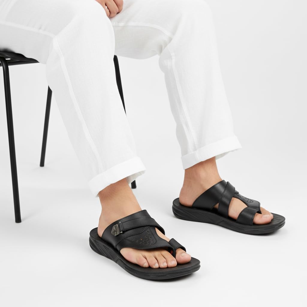 Men’s black leather slippers – modern, comfortable design with high-quality material and a cushioned orthopedic sole – perfect for daily use and errands.  - 522