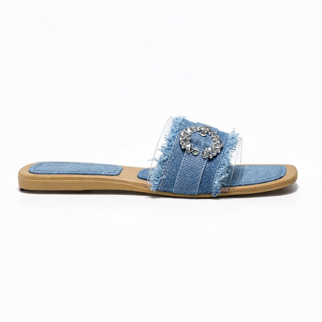 Elegant women’s slippers with a transparent strap and crystal details – summer square-toe design with a comfortable flat sole – modern style. - H25