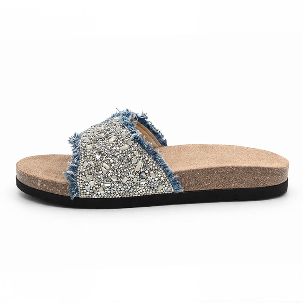Women’s slippers decorated with golden crystals and a metal buckle – luxurious summer style with a comfortable suede sole – elegant design for daily outings.  - B3
