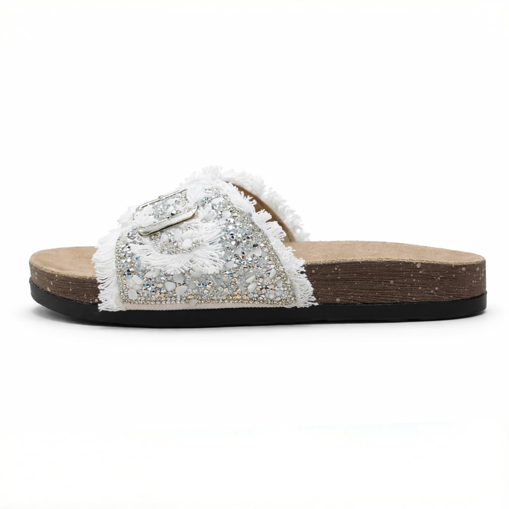 Women’s slippers decorated with golden crystals and a metal buckle – luxurious summer style with a comfortable suede sole – elegant design for daily outings.  - B3