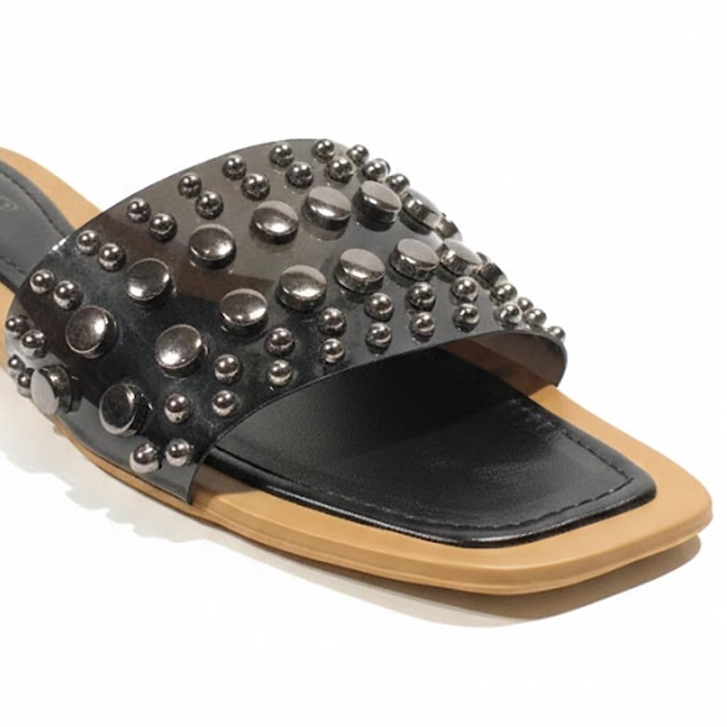 Women’s slide-style slippers decorated with metal studs – modern, comfortable design for errands and outings.  - H31
