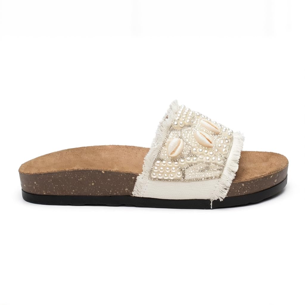 Women’s slippers decorated with pearls and natural shells – summer style with a comfortable suede sole – elegant design for outings and casual wear.  - B2