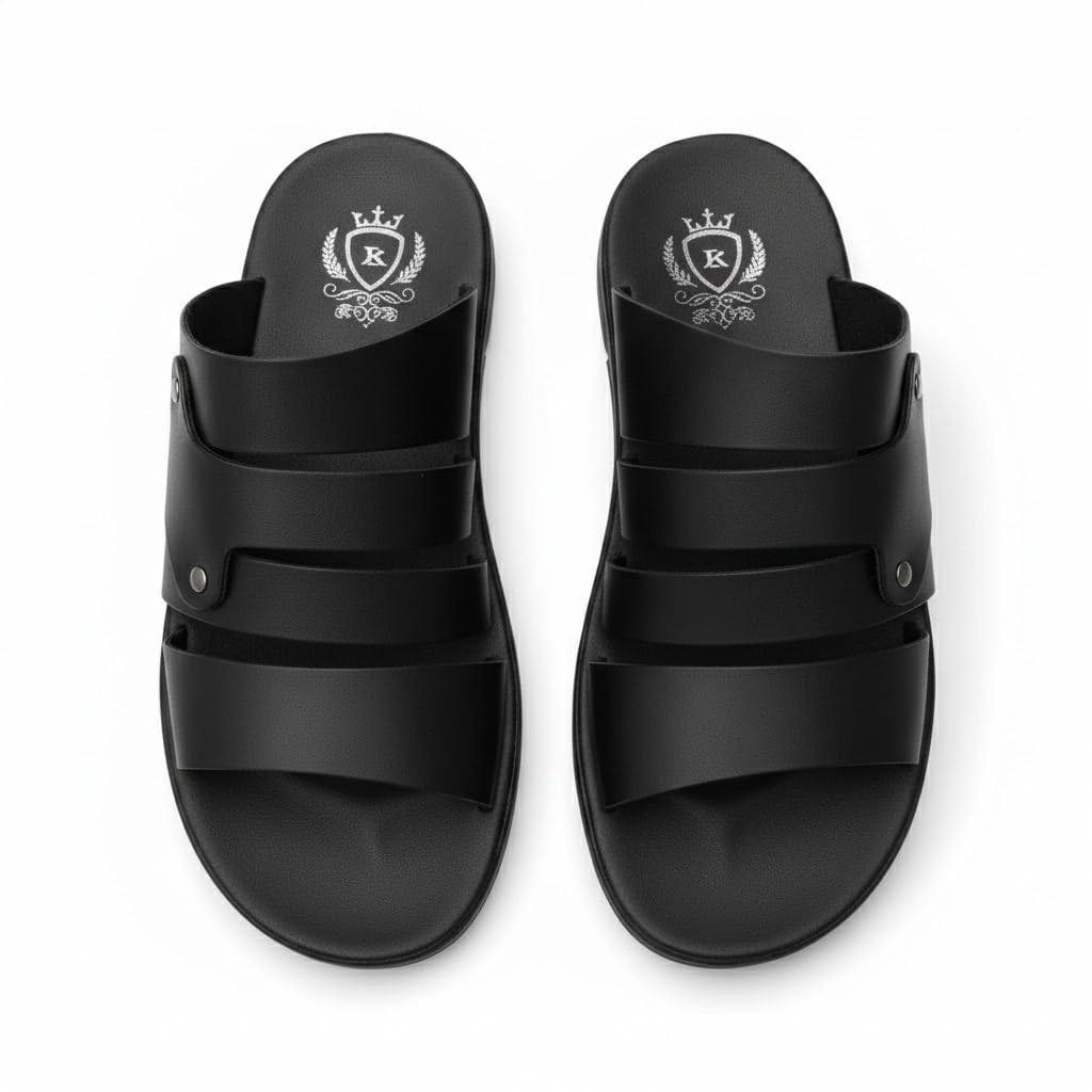 Men’s black leather slippers – modern multi-strap design with a comfortable, slip-resistant sole – ideal for daily and summer use.   - 608