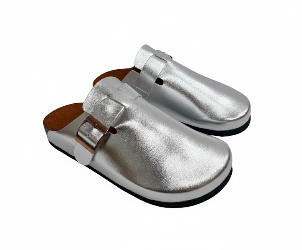 Comfortable slippers with a modern design and metal buckle - made from high-quality leather