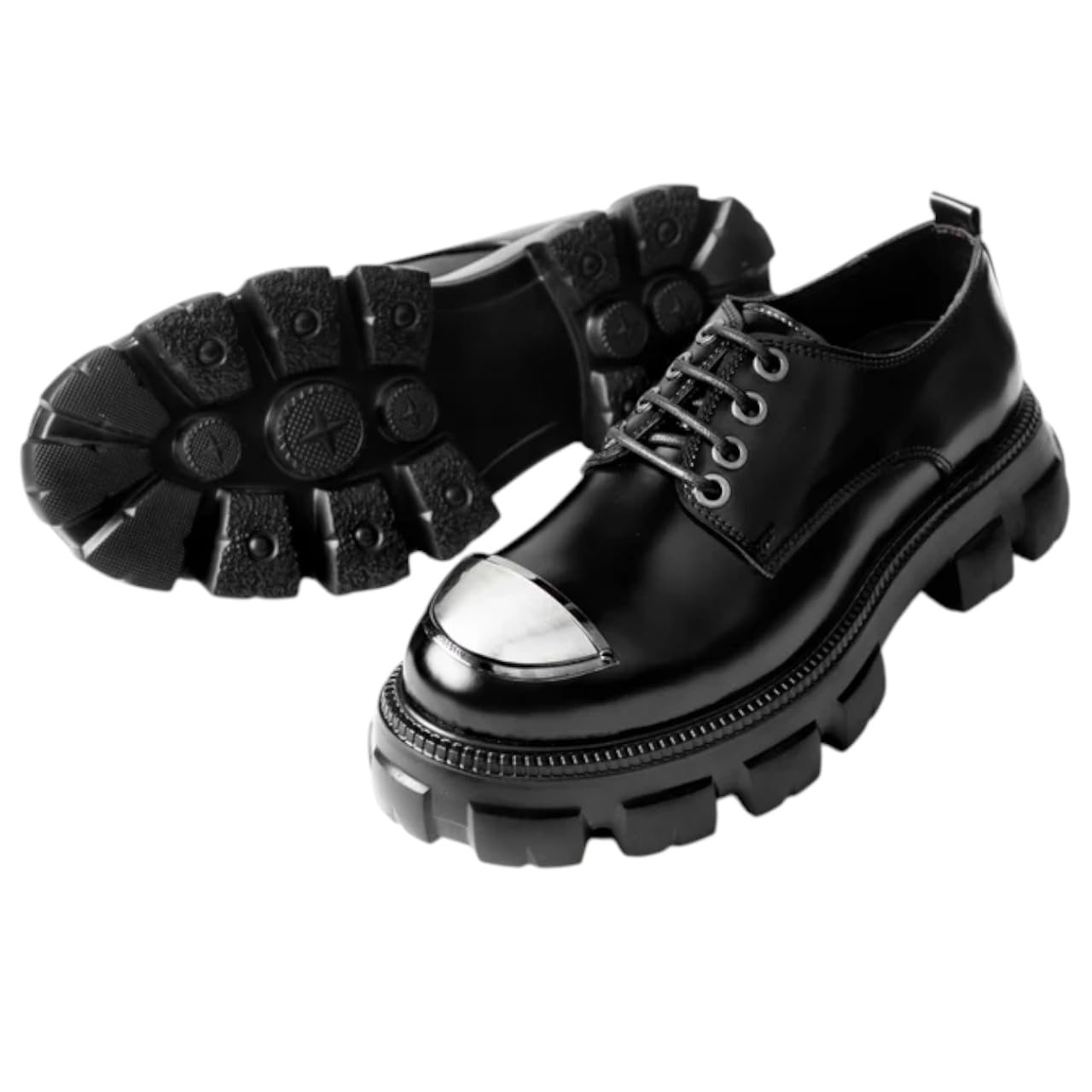 Men's black shoes with a thick EVA sole and metal toe cap - glossy black