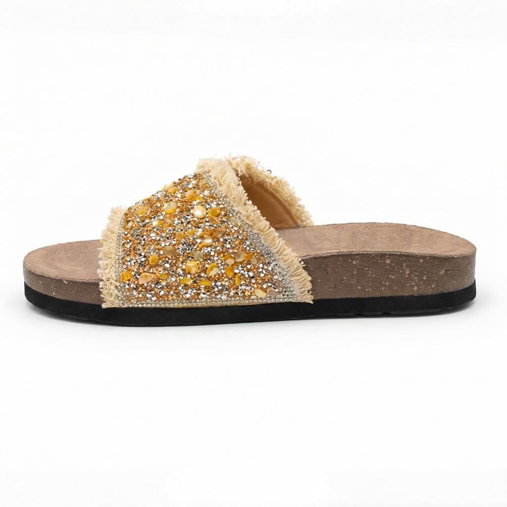 Women’s slippers decorated with golden crystals and a metal buckle – luxurious summer style with a comfortable suede sole – elegant design for daily outings.  - B3