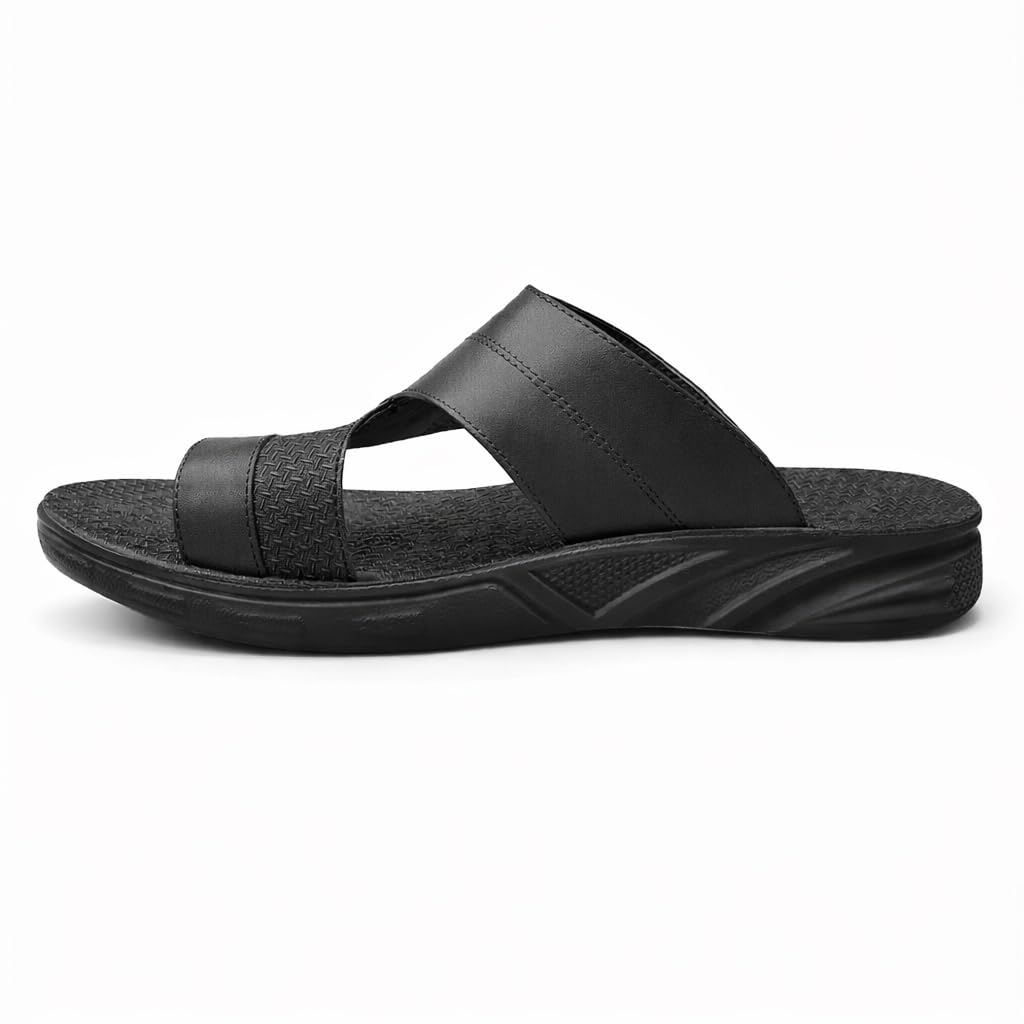Men’s black leather slippers – modern, comfortable design with high-quality material and a cushioned orthopedic sole – perfect for daily use and errands.  BLACK  -Size44 - 911
