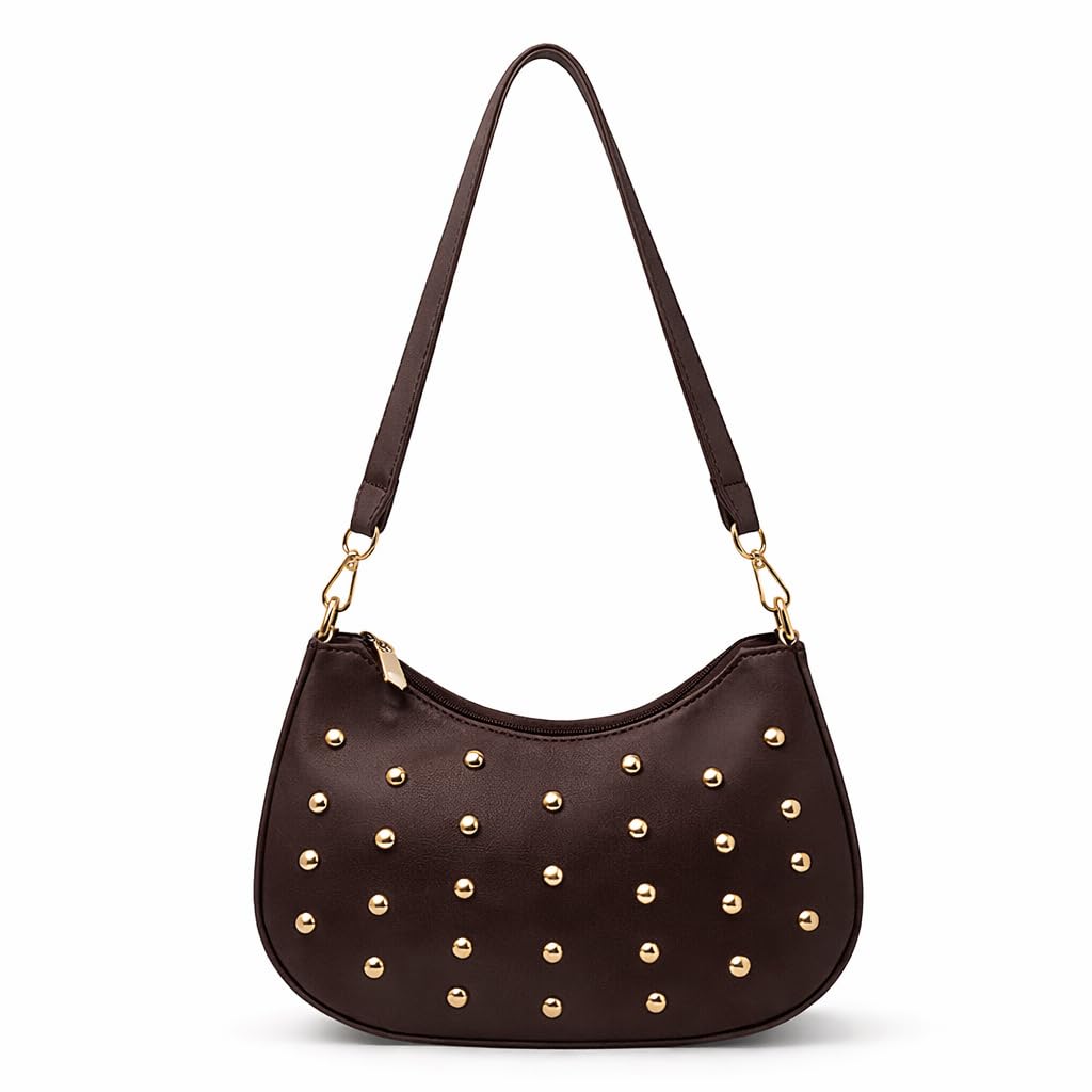 Small women’s shoulder bag decorated with gold studs, featuring a top zipper and a comfortable strap – suitable for outings and evening events.