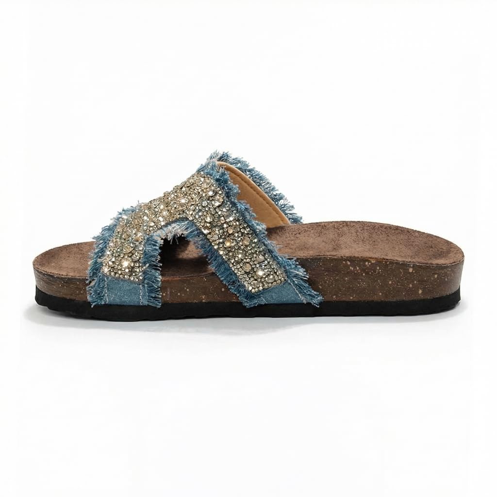 Women’s summer slippers decorated with crystals – comfortable orthopedic sole with soft suede material, elegant ladies’ style for outings and daily errands.  - B1