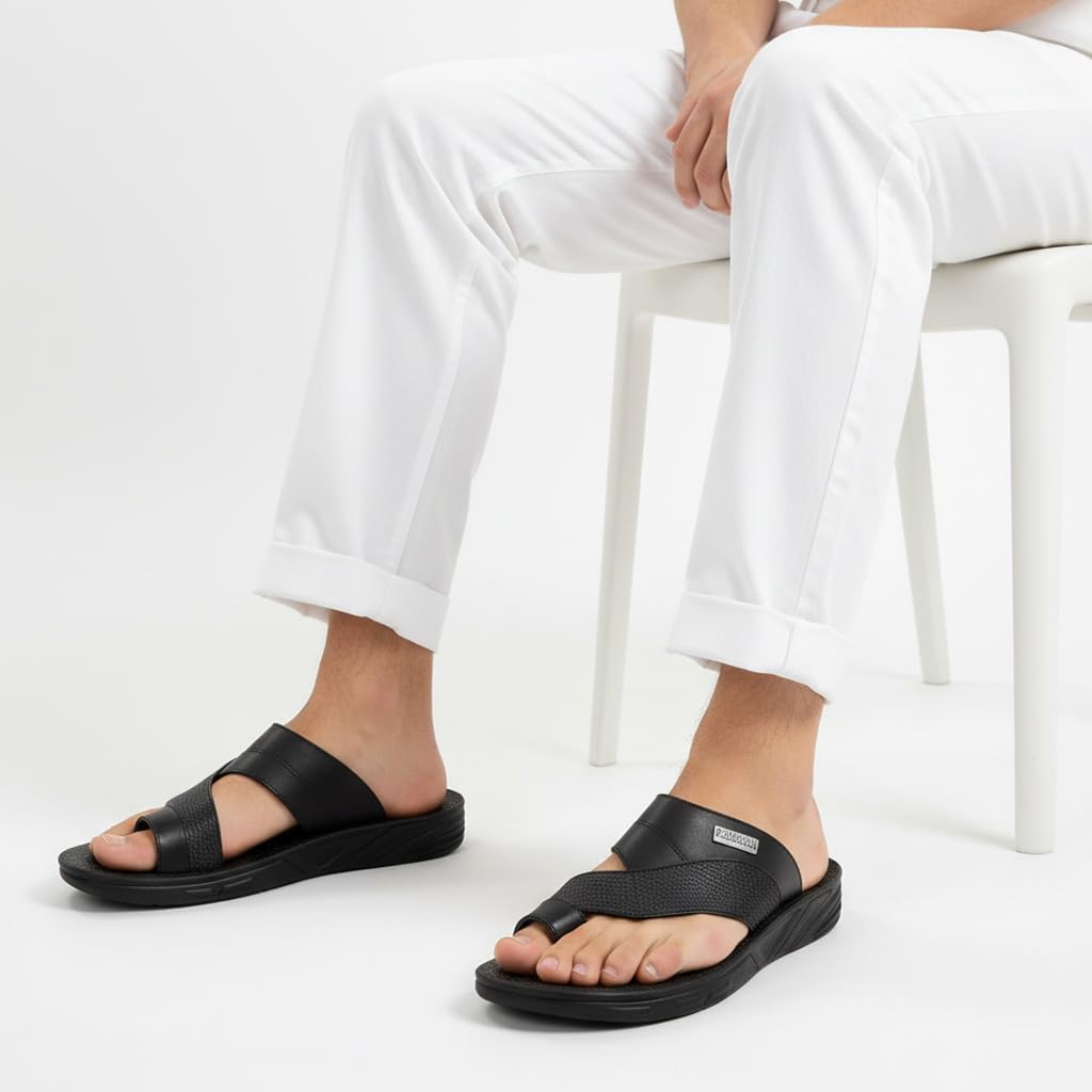 Men’s black leather slippers – modern, comfortable design with high-quality material and a cushioned orthopedic sole – perfect for daily use and errands.  BLACK  -Size44 - 911