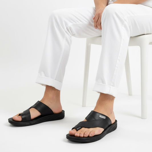 Men’s black leather slippers – modern, comfortable design with high-quality material and a cushioned orthopedic sole – perfect for daily use and errands.  BLACK  -Size44 - 911